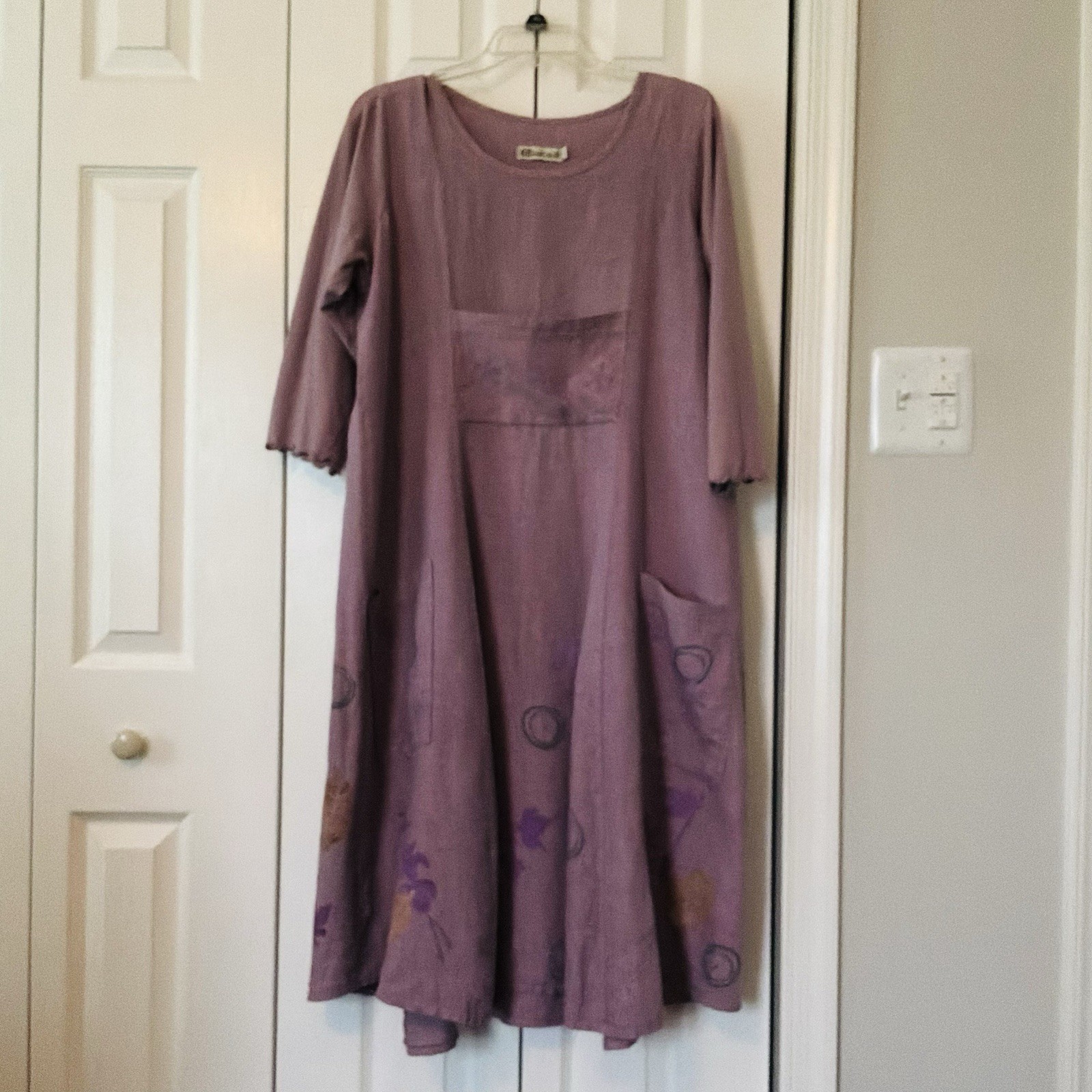 Bluefish VTG Maxi Linen Dress 3/4 Sleeve Pockets, Painted Botanical Hemline Sz 0