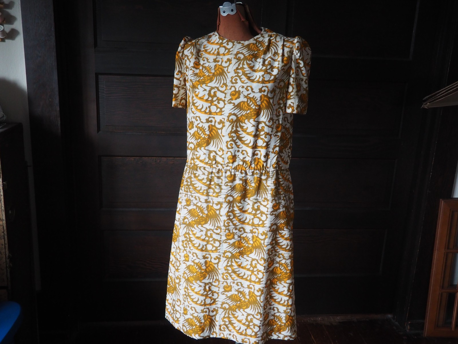 VTG 70s Burnt Orange Abstract Floral Poly Talon Zip Hawaiian Dress Womens M