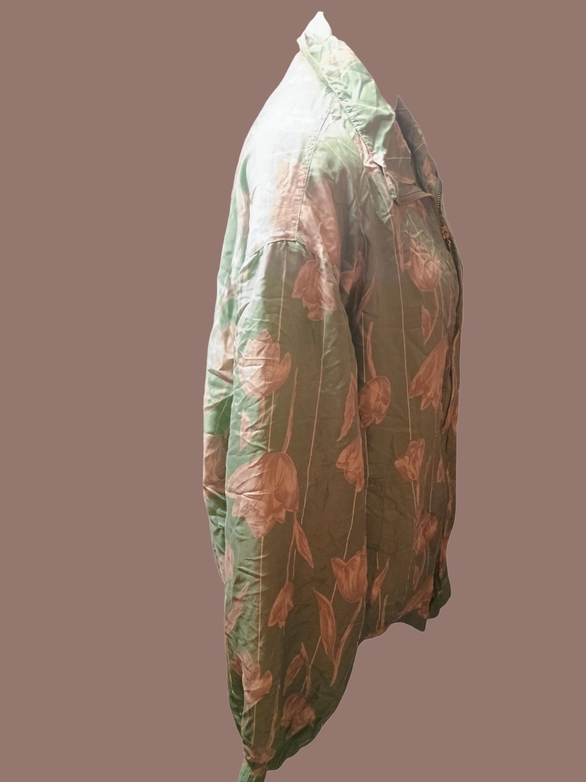’80s Vintage Silk Windbreaker Cocoa 100% Silk Floral Mint Green Pink