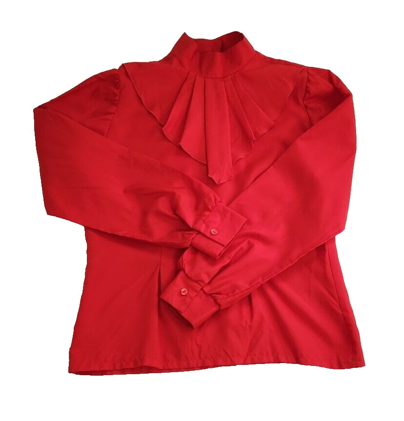 Vtg 70s Rust Red Long Sleeve Blouse Oversized Ruffled Collar Fitted Waist Retro