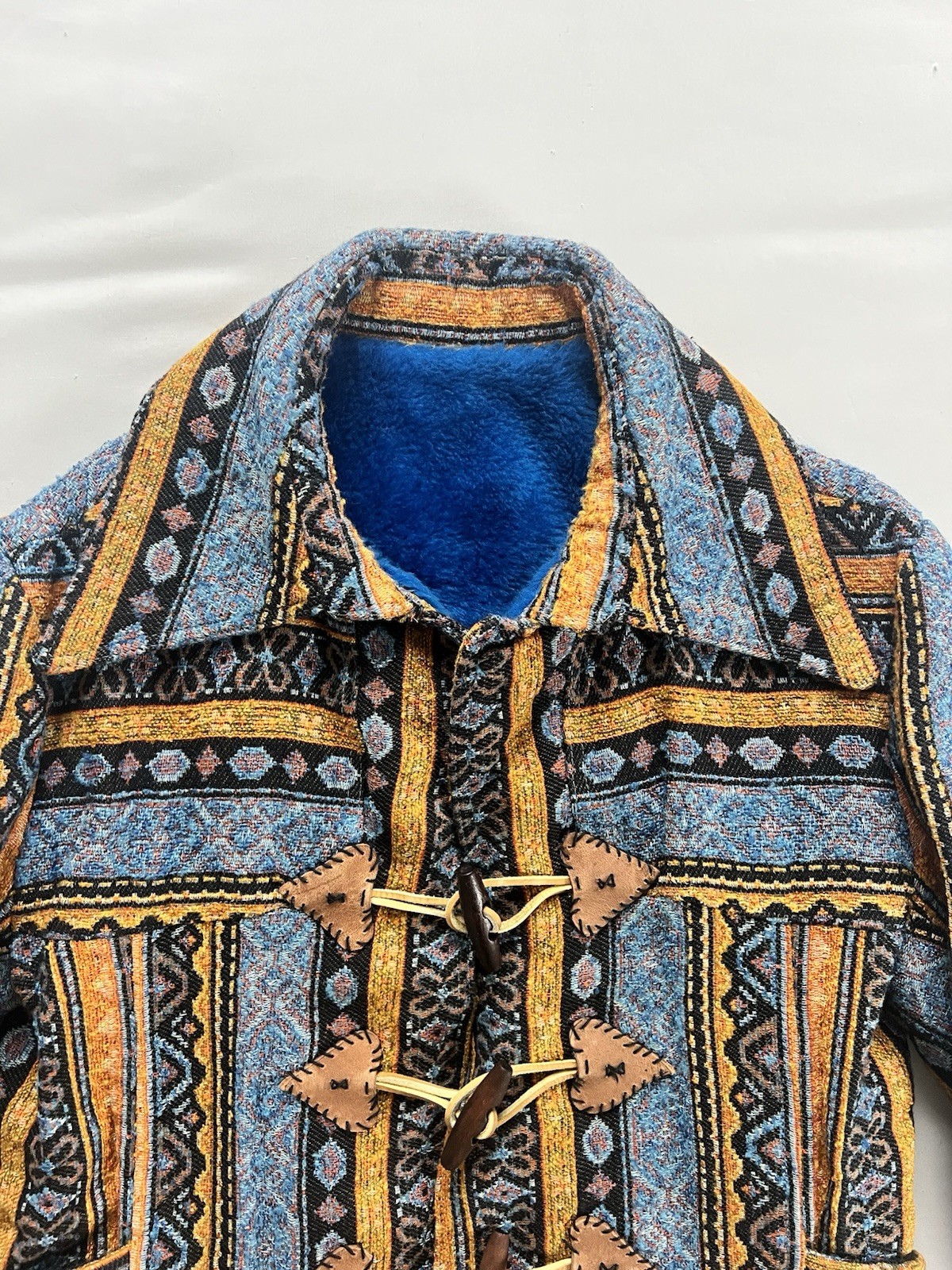 1970s Coat Colorful Tapestry Carpet Jacket Belt Toggle Button Amazing Aztec