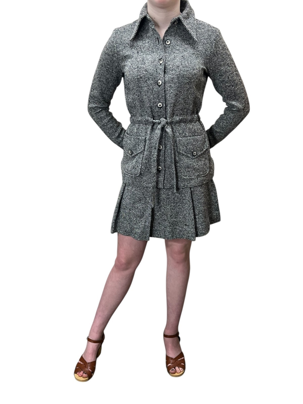 Sz S VTG 60s 2pc DRESS SUIT Jacket MINI Skirt Garland USA Blk Wht Flecked Tweed