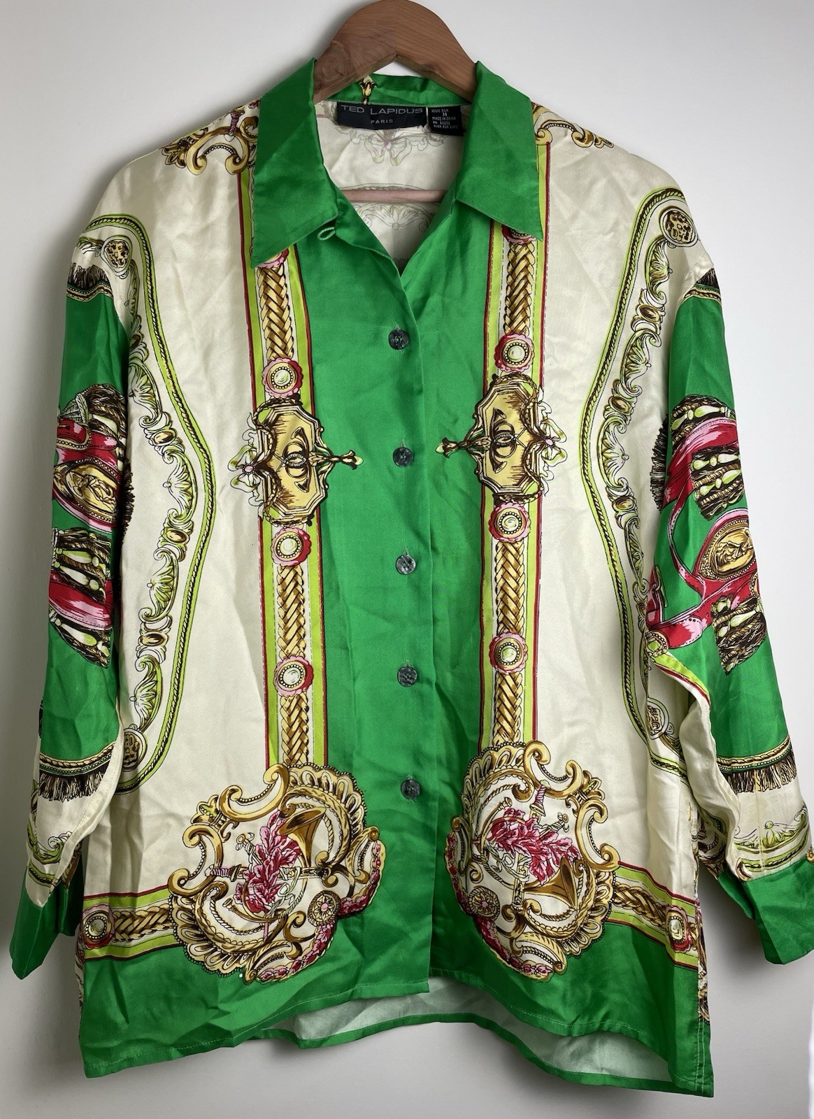 Ted Lapidus Paris Women’s 100% Silk Button Front Blouse Green Size M