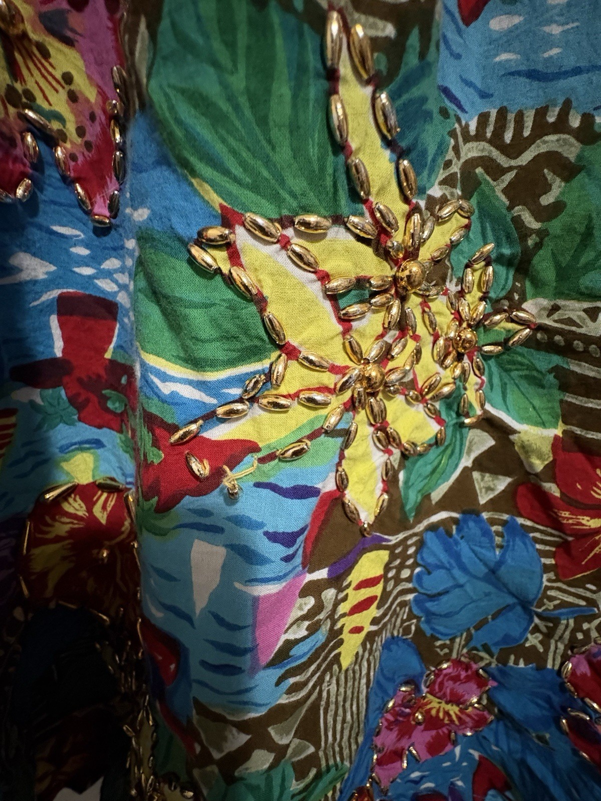Vintage Roamans Beaded Blouse Size 2XL Gold Beads Bright Flowers Keyhole Back