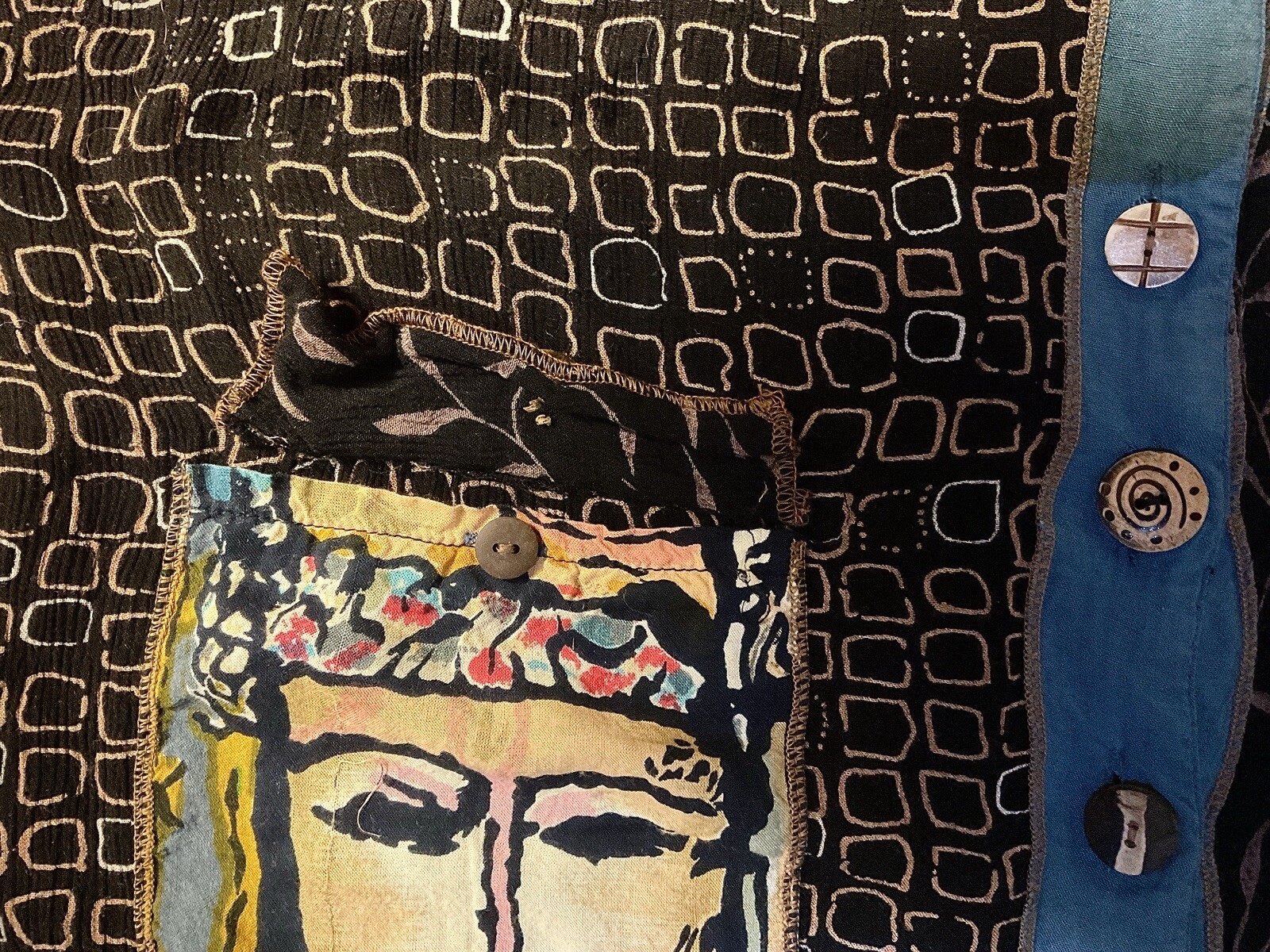 VTG Arty Dress Fun Buttons Abst Faces FreeSZ 2 Pockets BackTie FrtClose Bust