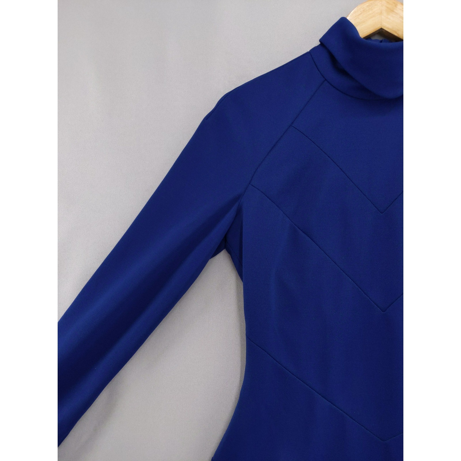 Vintage 60s Minx Mod Dress Sz S Blue Long Sleeve Mock Neck Chevron Fit Flare
