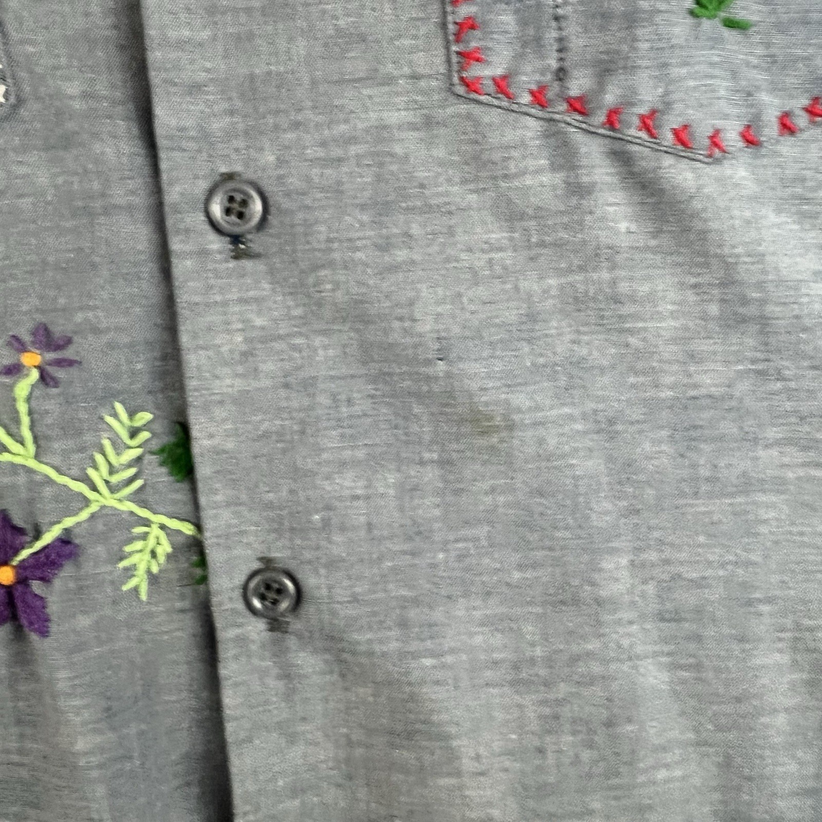 VTG 70s Key Imperial Embroidered Flowers Chambray Work Shirt Boho Hippie L USA