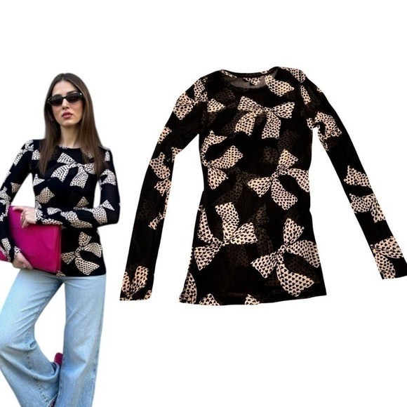 🎀 VINTAGE Karen Kane Mesh Bow Print Top M Made in USA EUC