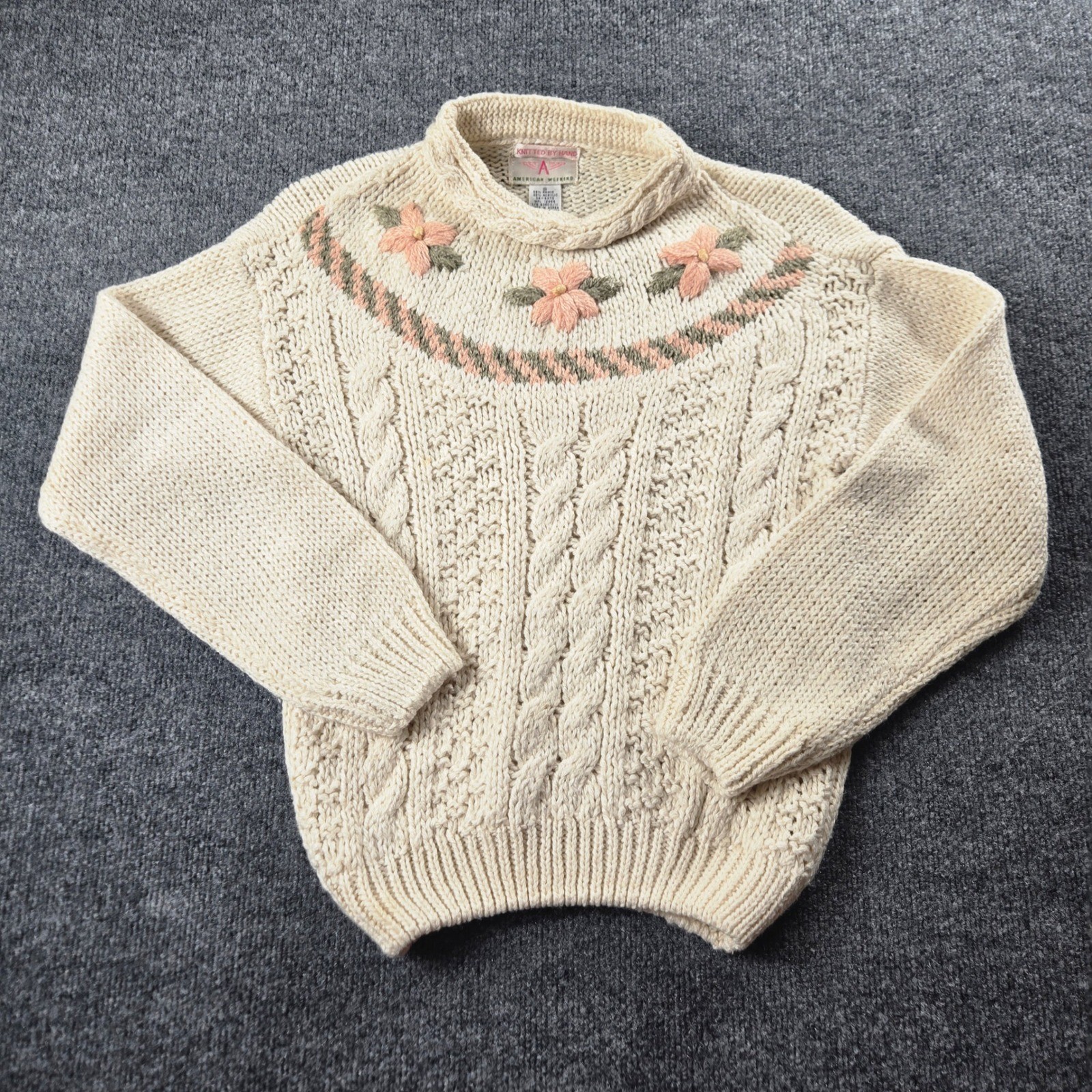 American Weekend Sweater Womens S Cream Excellent Hand Knit Floral Cable (T9)