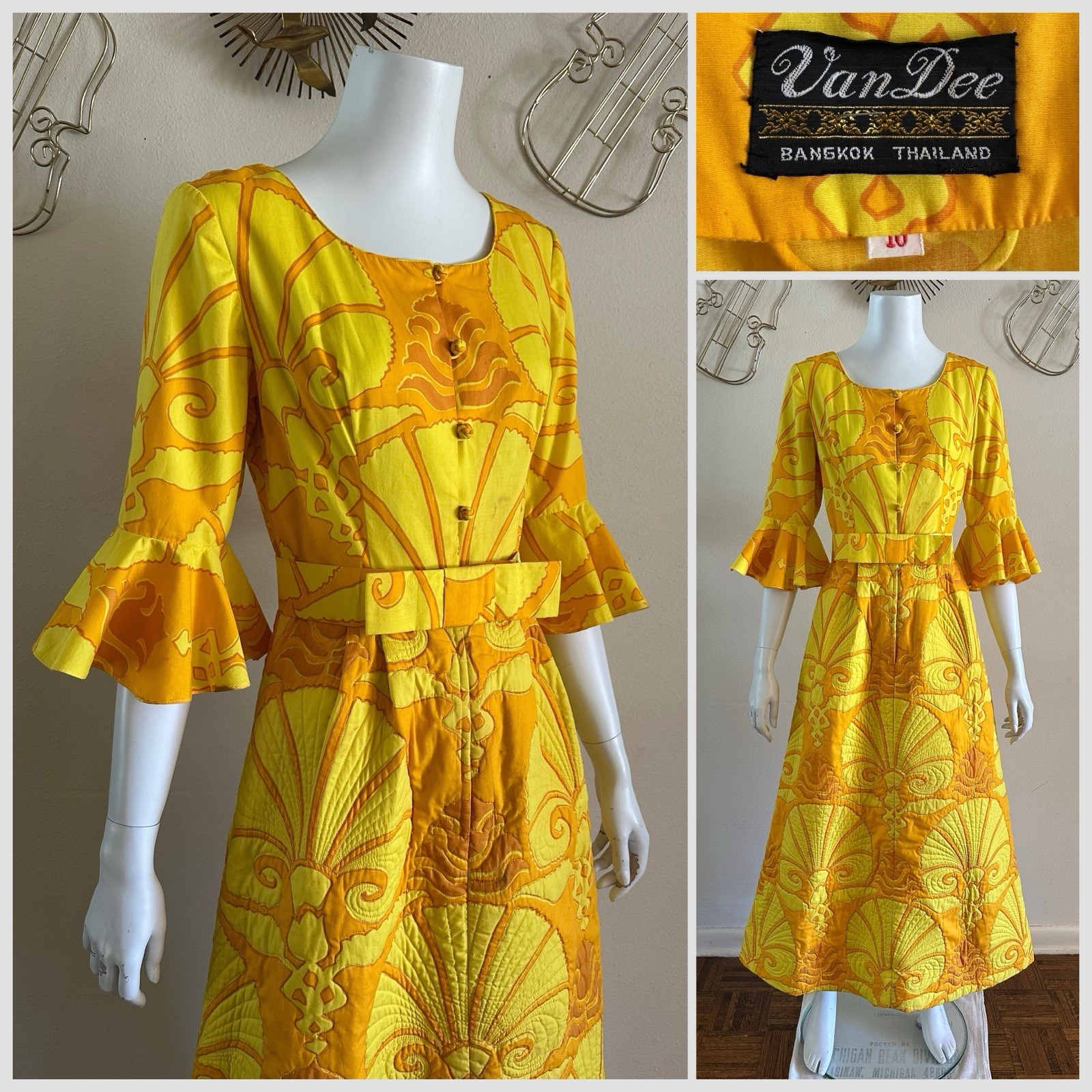 1960s Van Dee Bangkok Quilted Maxi Dress Psychedelic Bell Sleeve Resort Hostess