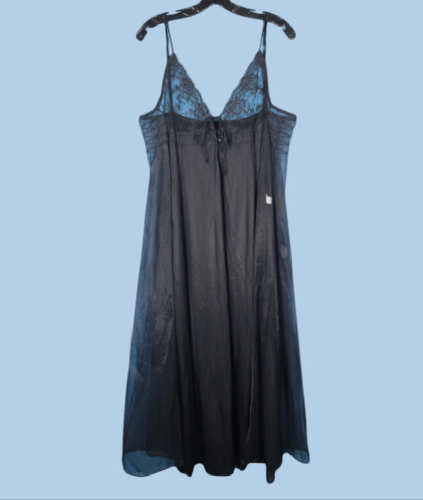 VTG MOVIE STAR Black Night Gown NYLON SOLID MIDDLE Chiffon Sides LACE BUST sz XL