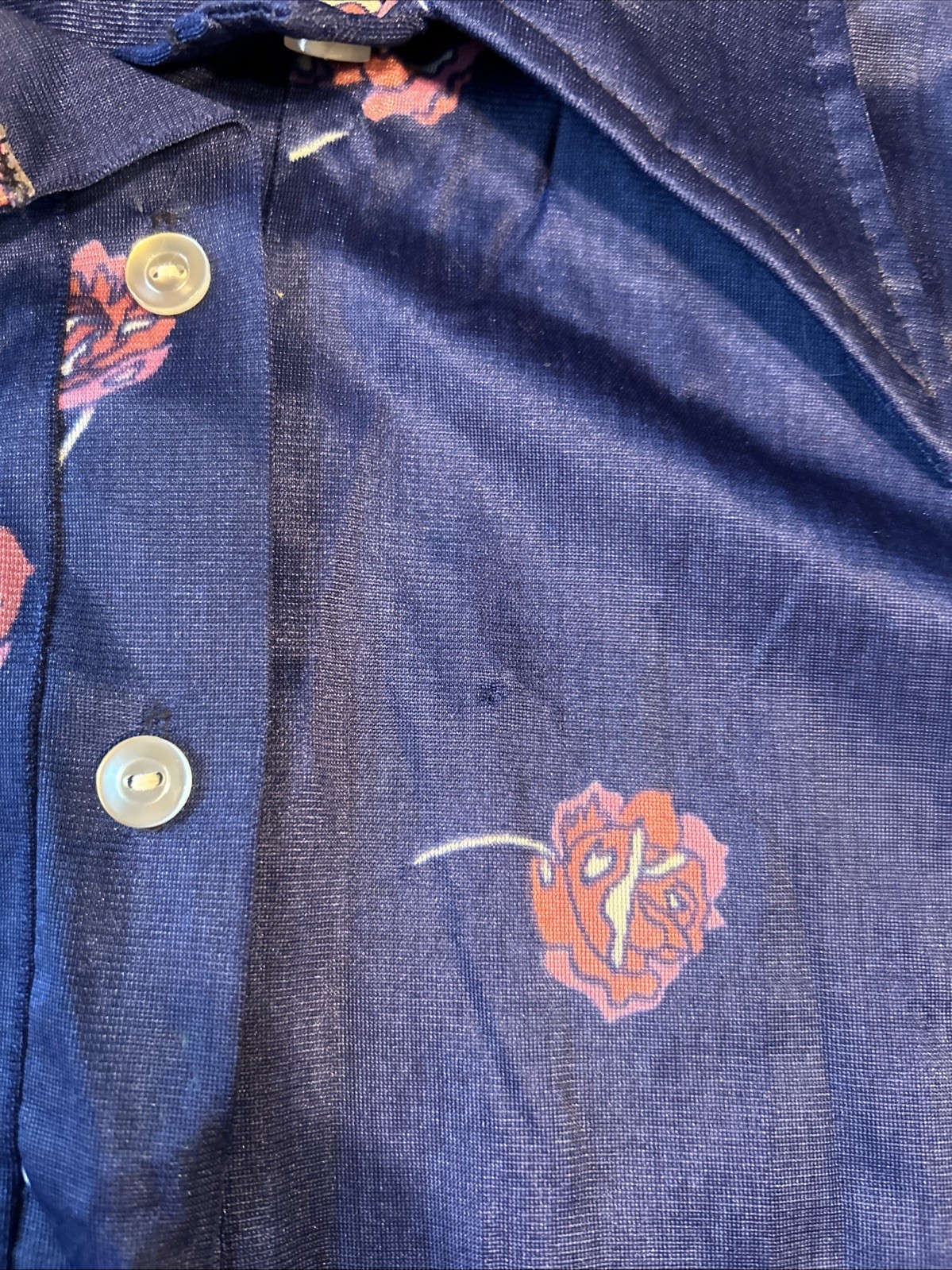 Vtg 70s Langtry Ltd blouse Bodysuit Navy Rose 1/3 Button Rocker tattoo art boho