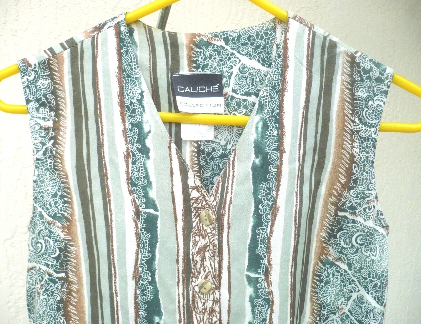 VTG 90S S M CALICHE SLEEVELESS SHIRT BLOUSE JAGGED VERTICLE STRIPED GREEN BROWN