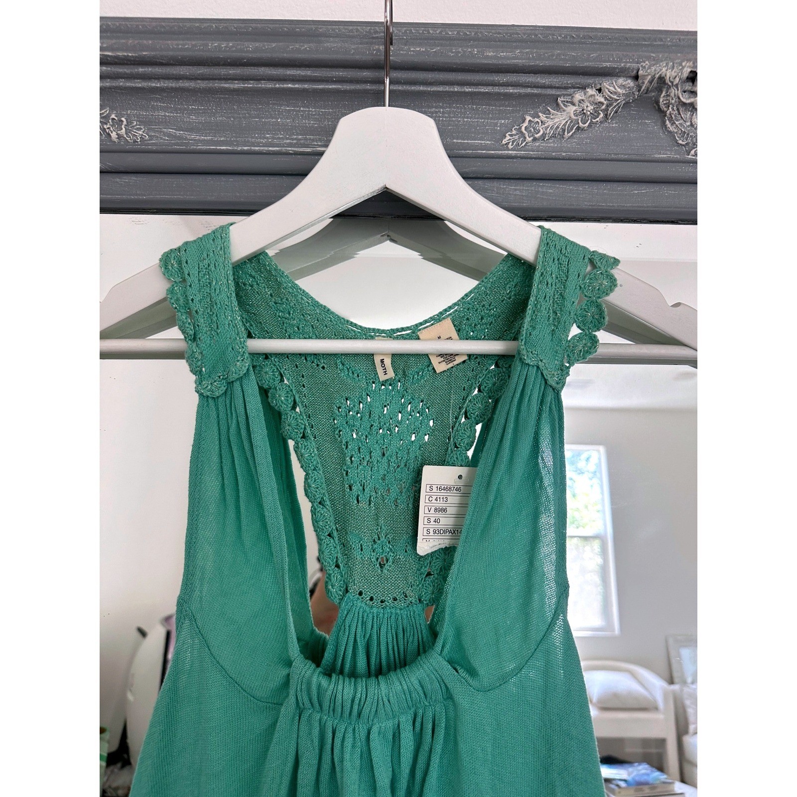 NWT Anthropologie Moth Green Crochet Racerback Knit Tunic Top Boho Country M