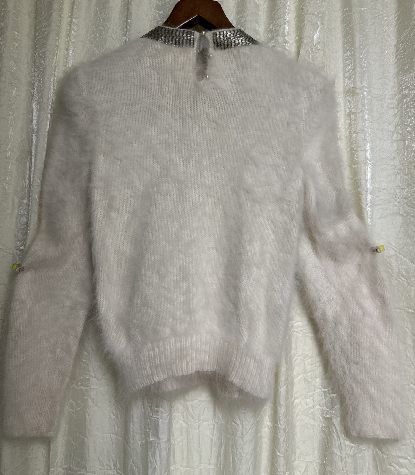 GUCCI VINTAGE 80s White Knit, Sequin Beaded Collar, Angora Sweater SZ S