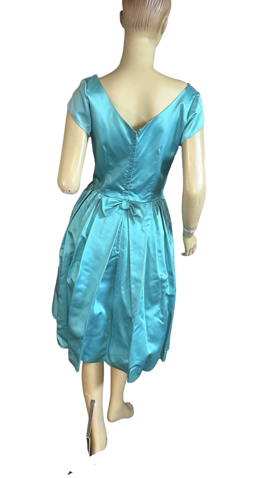 VINTAGE CIRCA 1950’S AQUA BLUE SATIN BUBBLE HEM PARTY DRESS SZ APPX SMALL