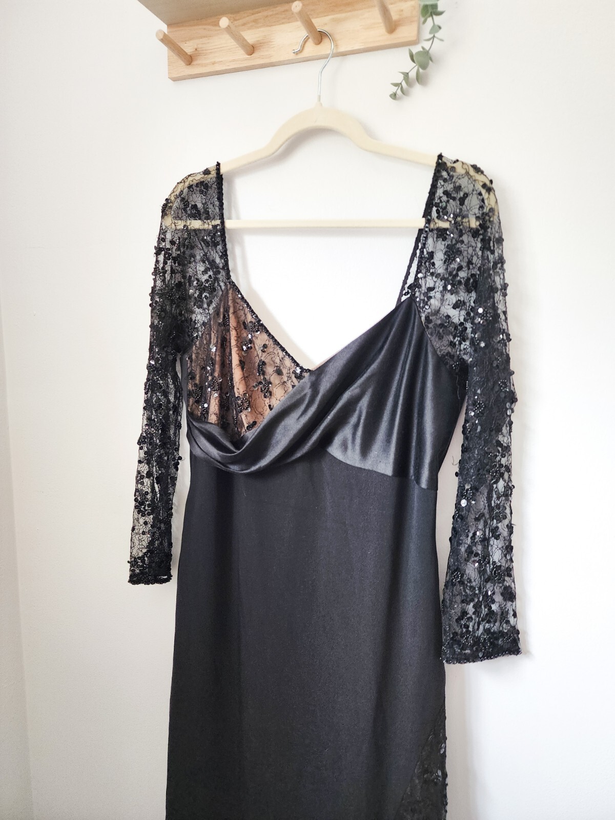 RARE Vintage Saks Fifth Avenue Travilla Ebony Silk Beaded Gown W/ Lace Size 14