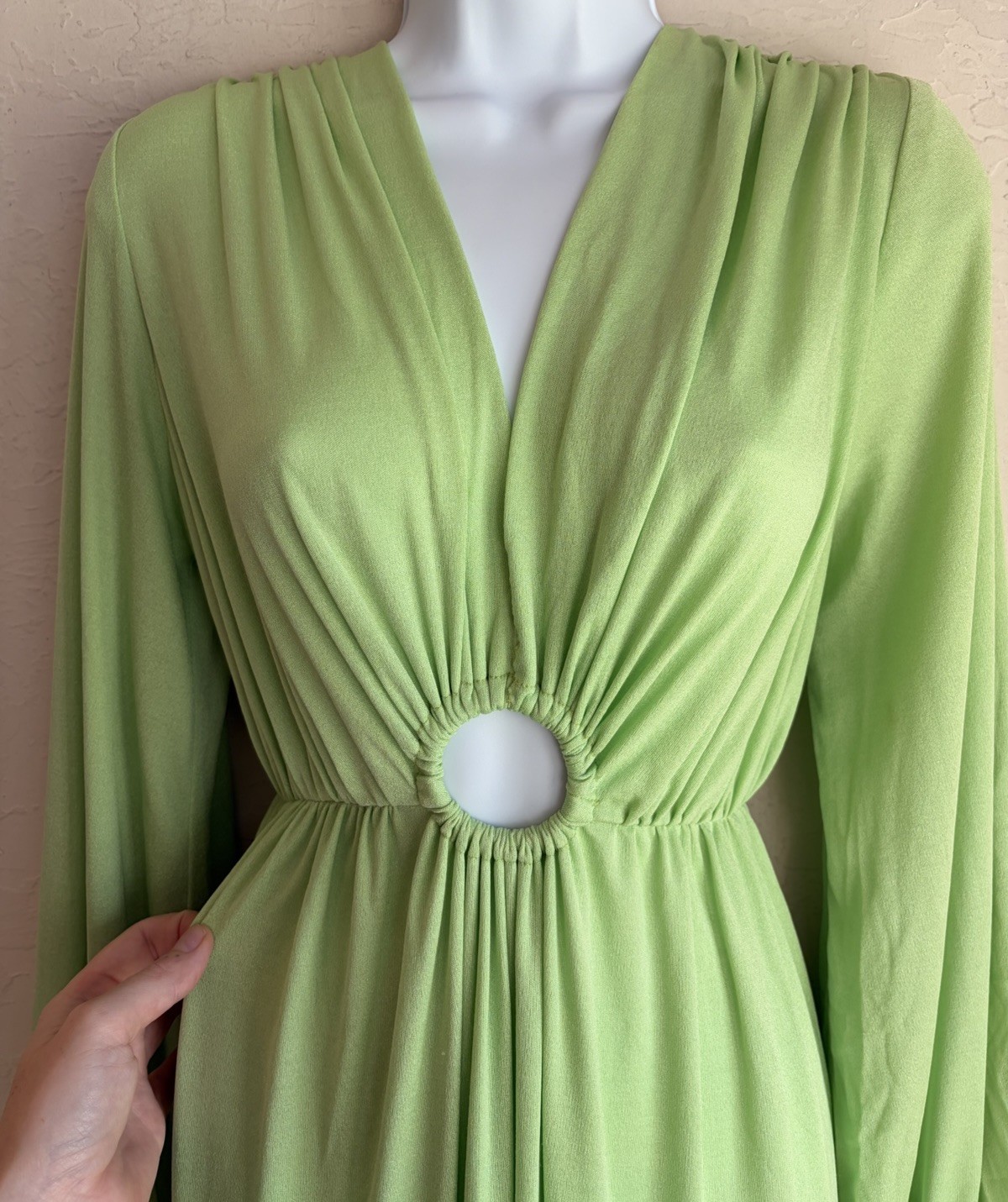 Vintage 1970s Gloria Moret Lime Green Maxi Dress S M Cut Out Disco Goddess Gown