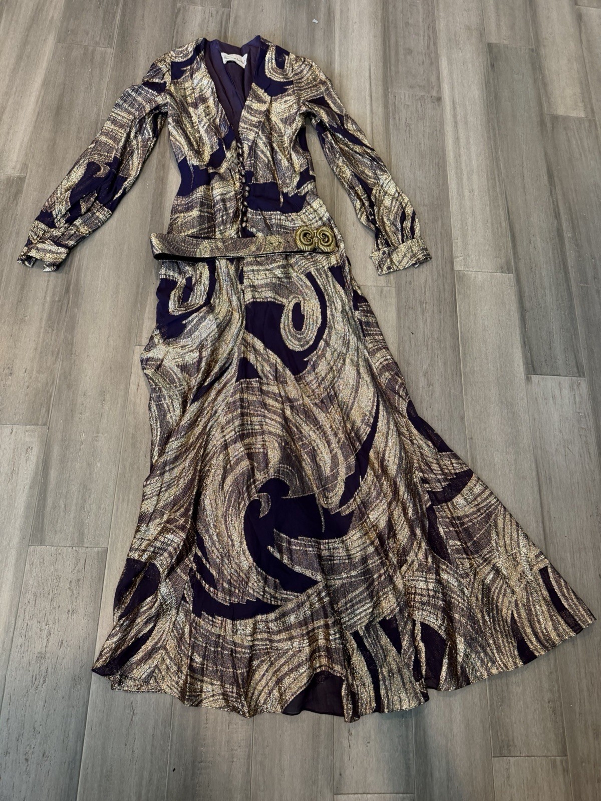 Vintage Oscar De La Renta Boutique Metallic Maxi Dress Purple Gold Floral Small
