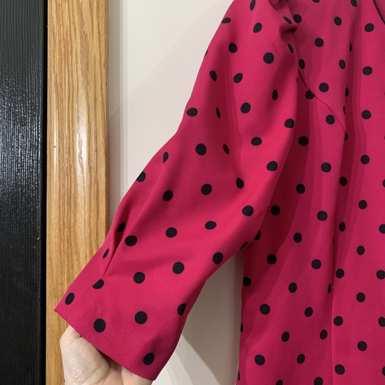 VTG 1980s Hot Pink Black Polka Dot Blouse Size M Secretary Retro Barbie Minnie