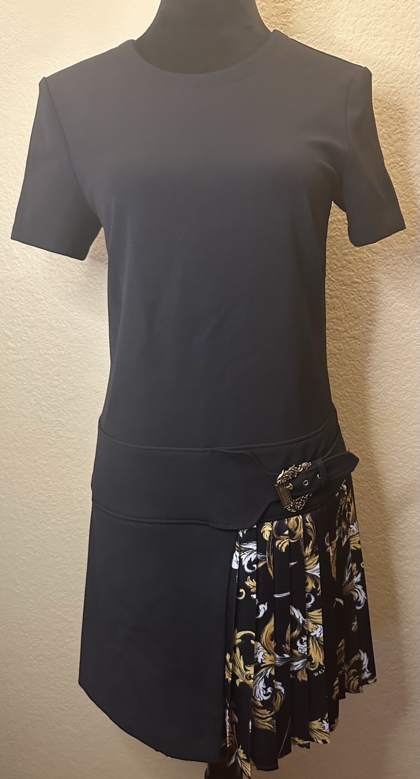 Black Asymmetrical Skirt with Floral Pleated Panel and Buckle Accent