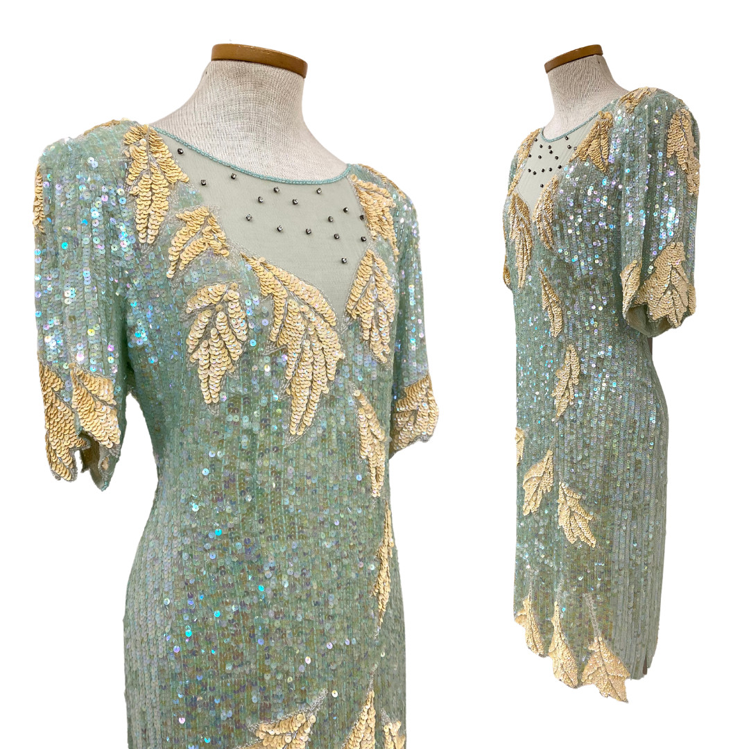 Vintage 1980s Swee Lo Icy Aqua Iridescent Sequin Beaded Cocktail Dress