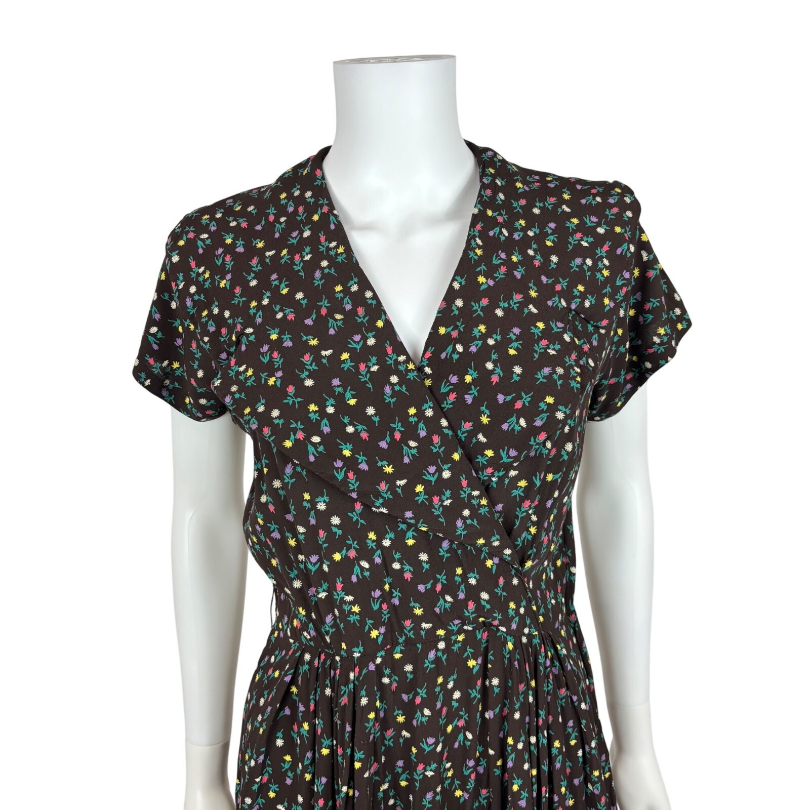 Vintage 40s Floral Dress Womens Small Rayon Daisy Print Surplice Neckline