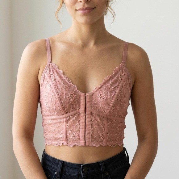 Mauve floral lace longline bralette with satin corset boning panels- Size M