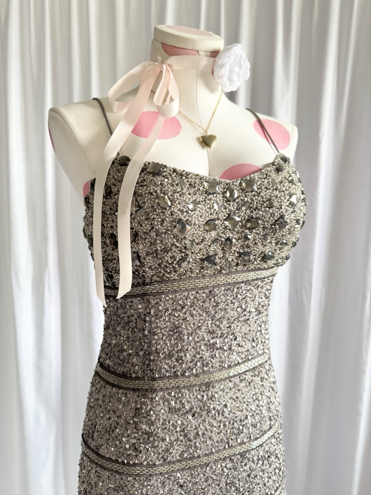 Vintage Y2K Silver Beaded Silk Sequin Gem Party Princess Mini Dress Grey Size S