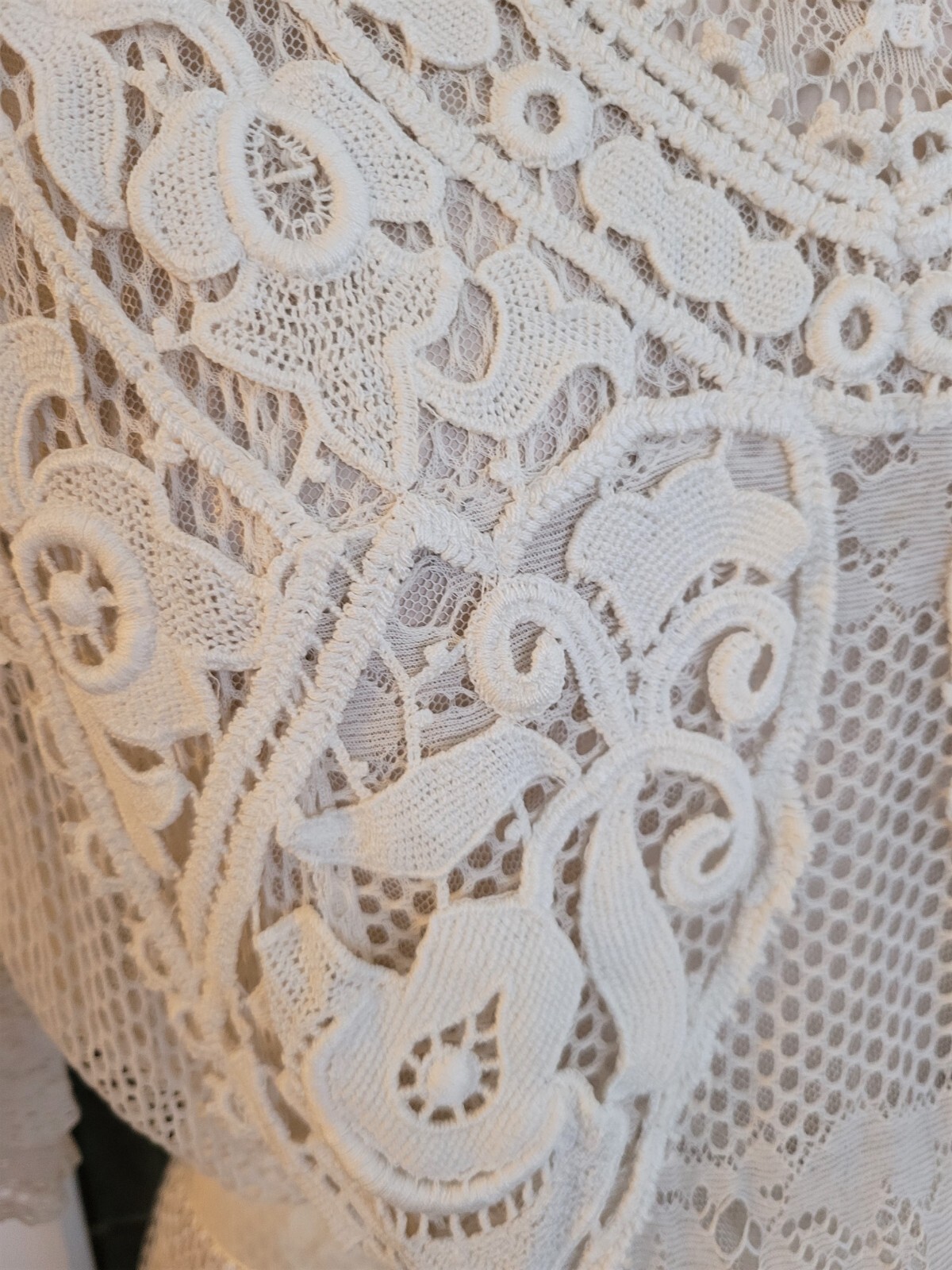ANTIQUE EDWARDIAN IVORY WOVEN MESH NET DRESS ORNATE IRISH CROCHET WORK BOBINET