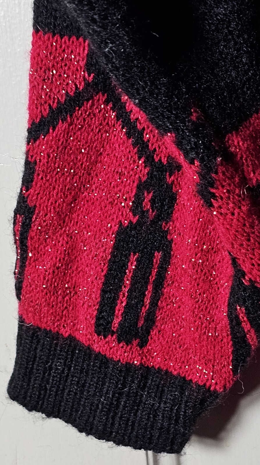 VTG SPUNKY Ugly Sweater Women L Black Red Metallic Whimsygoth White Spooky Cat