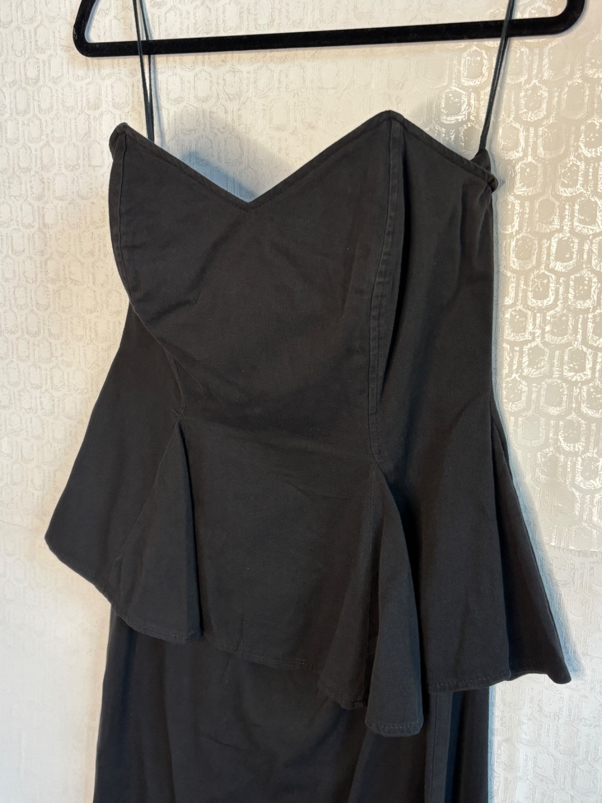 VTG 90’S CONTEMPO CASUALS BLACK COTTON COCKTAIL PEPLUM STRAPLESS DRESS*S/M