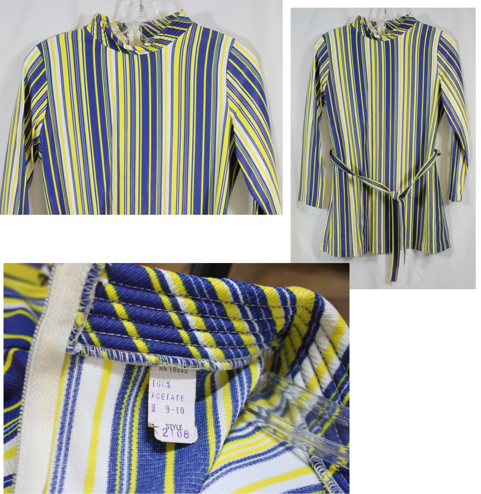 True Vtg Shirt Top Tunic Mod Retro 1960s 70s Stripes Tie Waist Disco Fab 9/10