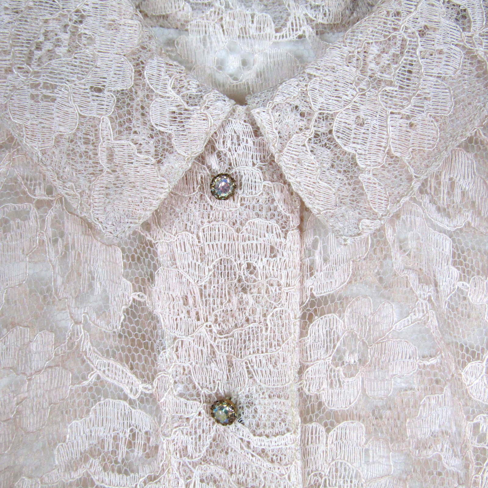 Vtg 50s SEXY PIN UP LACE RHINESTONE BUTTON UP DRESS Beige Sheer Rockabilly 1950s