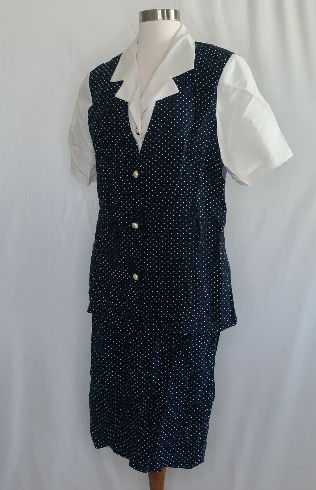 Vtg Whirlaway Frocks Blue White Polka Dots Print Pearl Skirt Suit Sz 12 USA Made