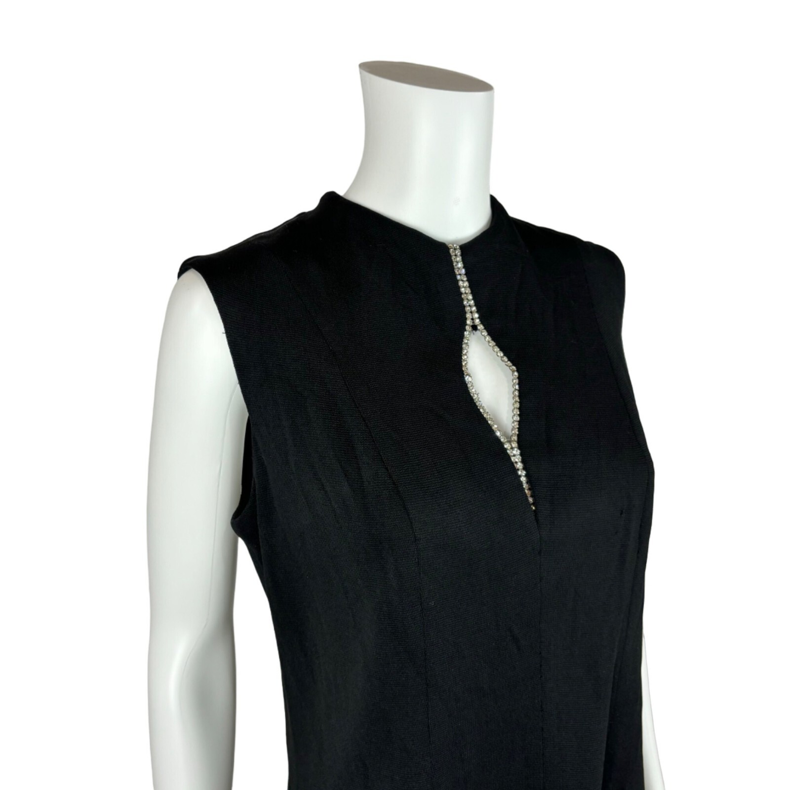 Vintage 60s Mod Mini Dress Black Rhinestone Keyhole Neckline Knit Tunic