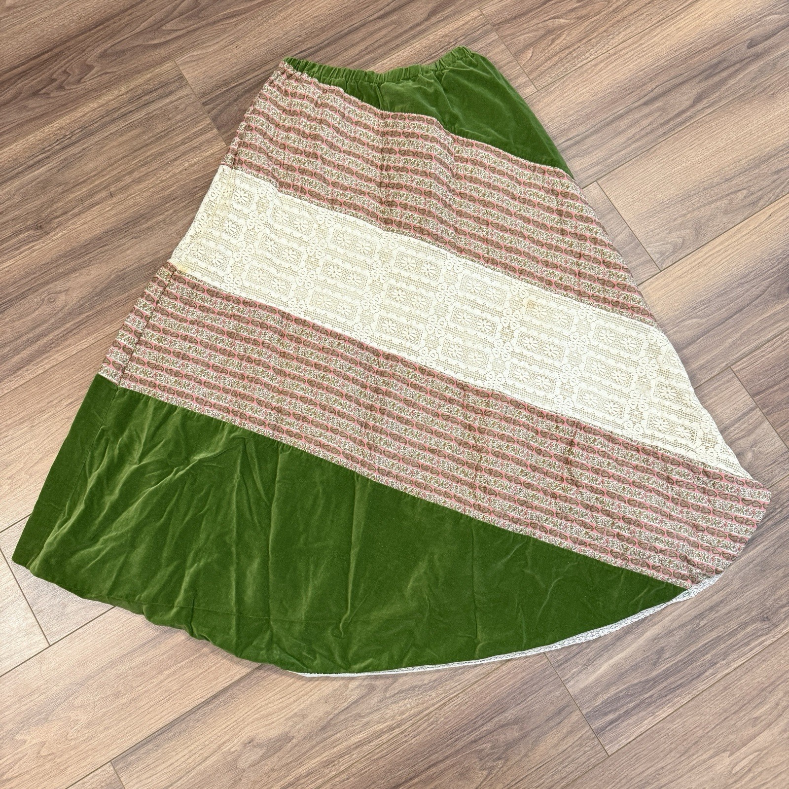 Vintage Chessa Davis Prairie Hippy Boho Patchwork Maxi Skirt Sash Olive Green