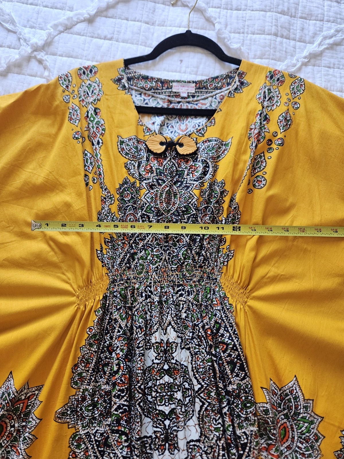Vtg Thai Cotton Vibrant Yellow Printed Ethnic Asian Maxi Dress Kaftan XS