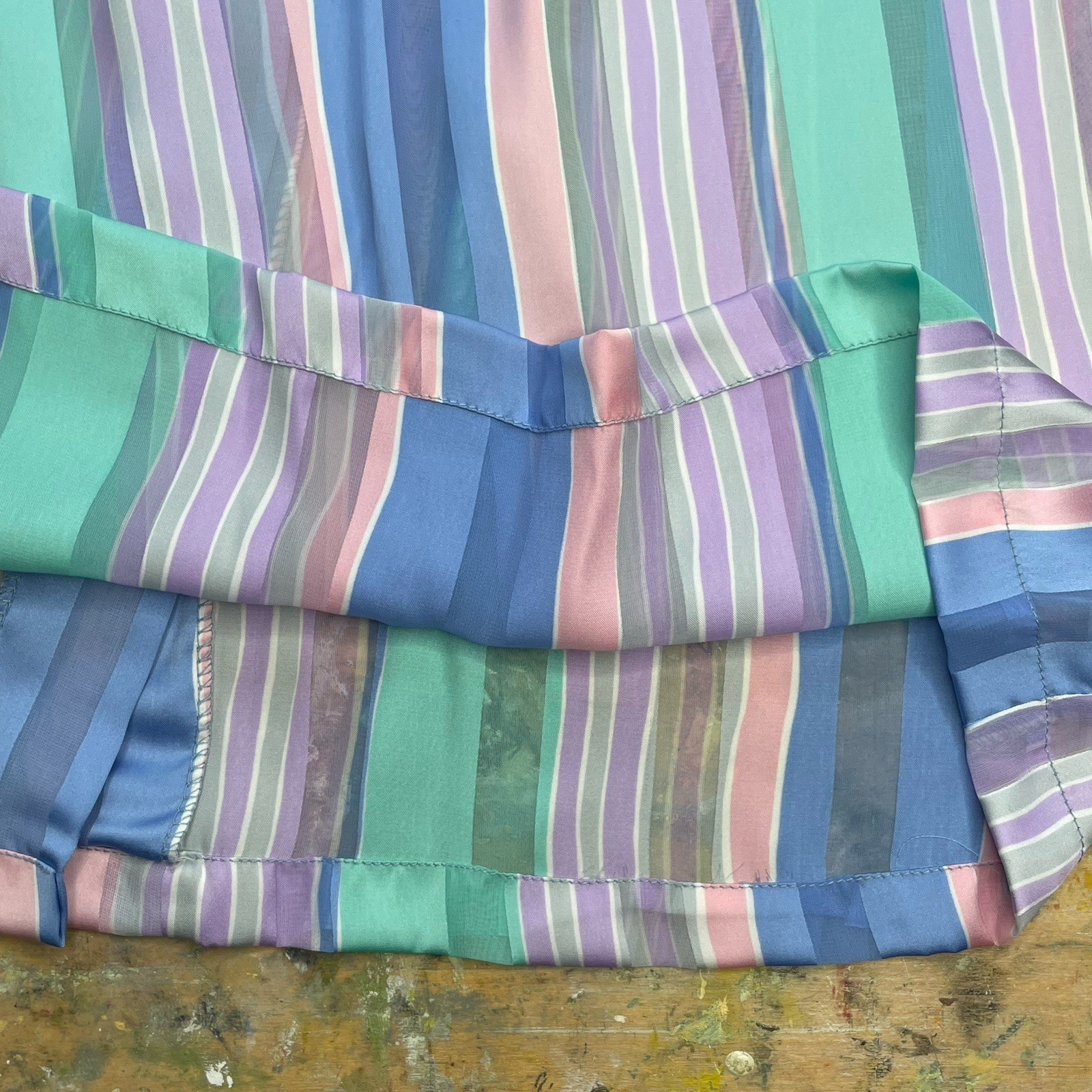 VTG Pastel Striped Blouse 12 High Mock Neck W/ Tie Button Front Retro Office