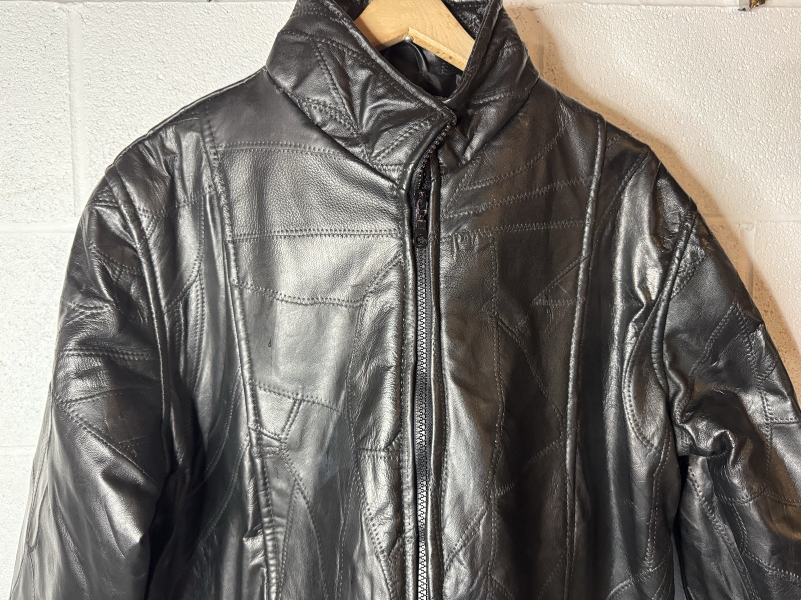 Vintage Y2K Tudor Court Women’s Black Patchwork Leather Jacket Coat Size L