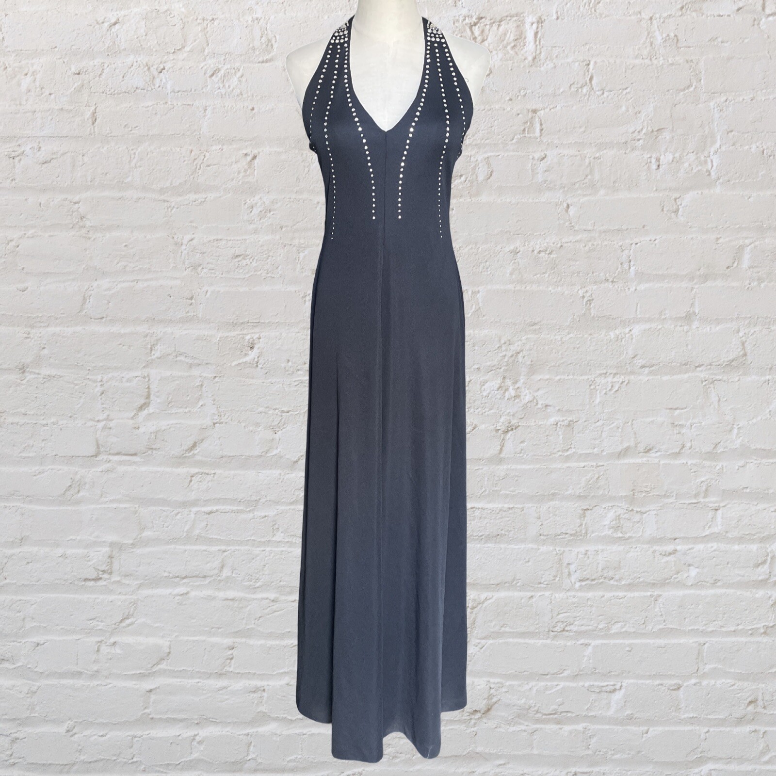 Vintage 70s Black Halter Maxi Dress With Gem Accents Party dress Formal Dress