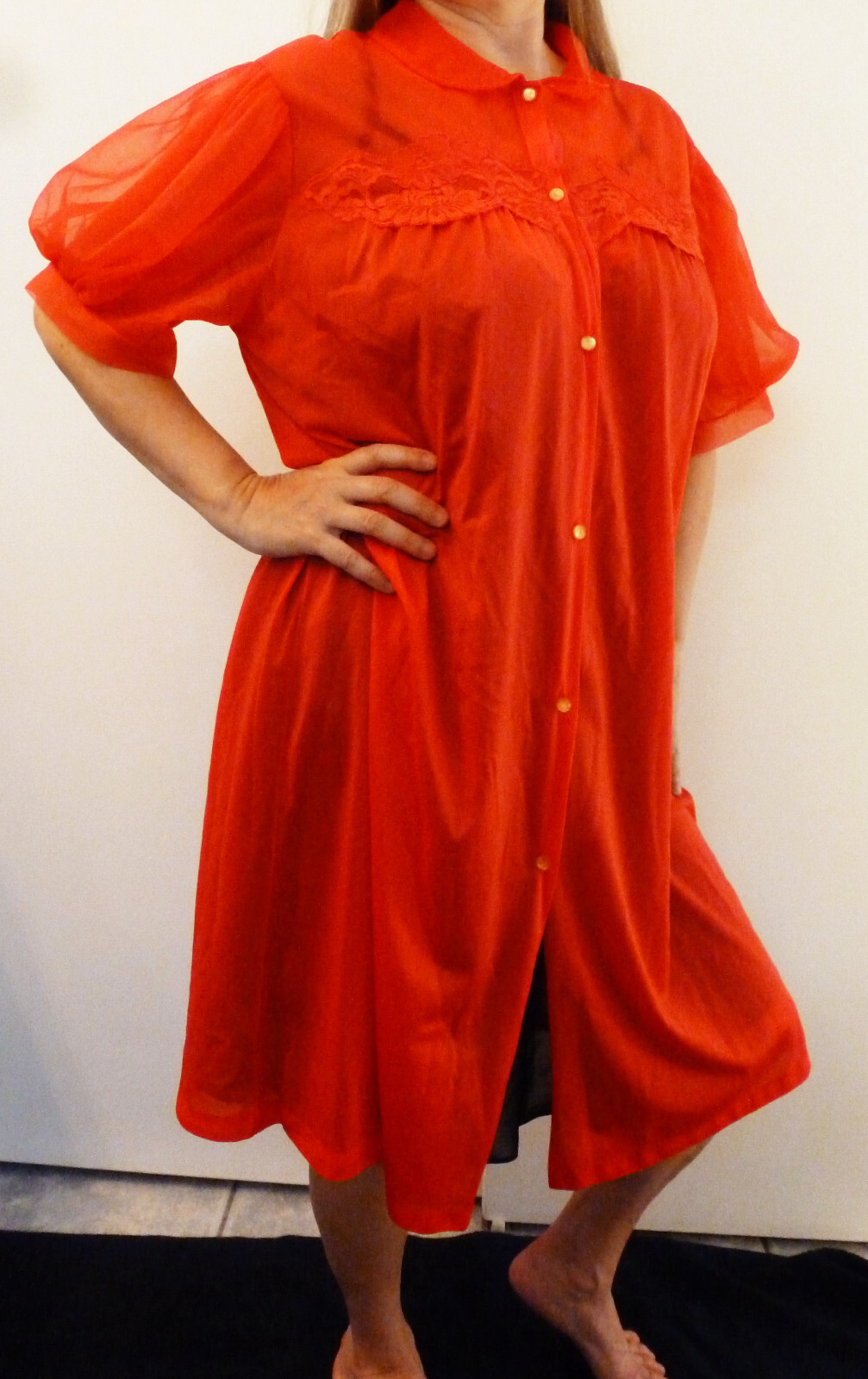 JC PENNEY CHARMODE VTG RED DOUBLE LAYER CHIFFON PEIGNOIR ROBE PUFF SLEEVES L EVC