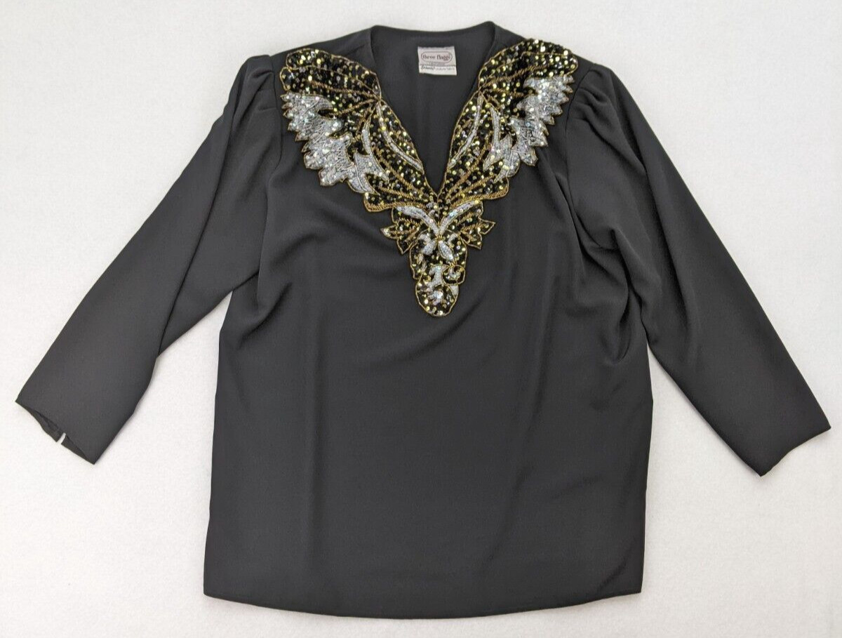 Vintage 80s Top Three Flaggs Size 16 Black Long Sleeve Sequins
