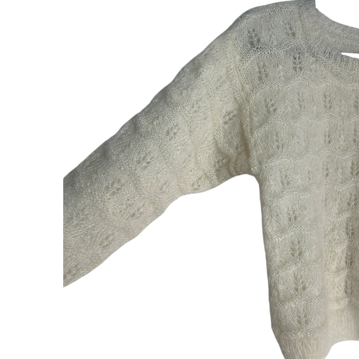 VTG 70s Cream Mohair Pointelle Puff Sleeve Sweater Cottagecore Coquette M