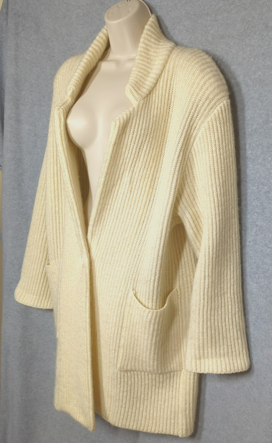 Vtg Women 70s 80s Wool Mohair Sweater Coat L Ivory Hong Kong Cottage Core Cozy