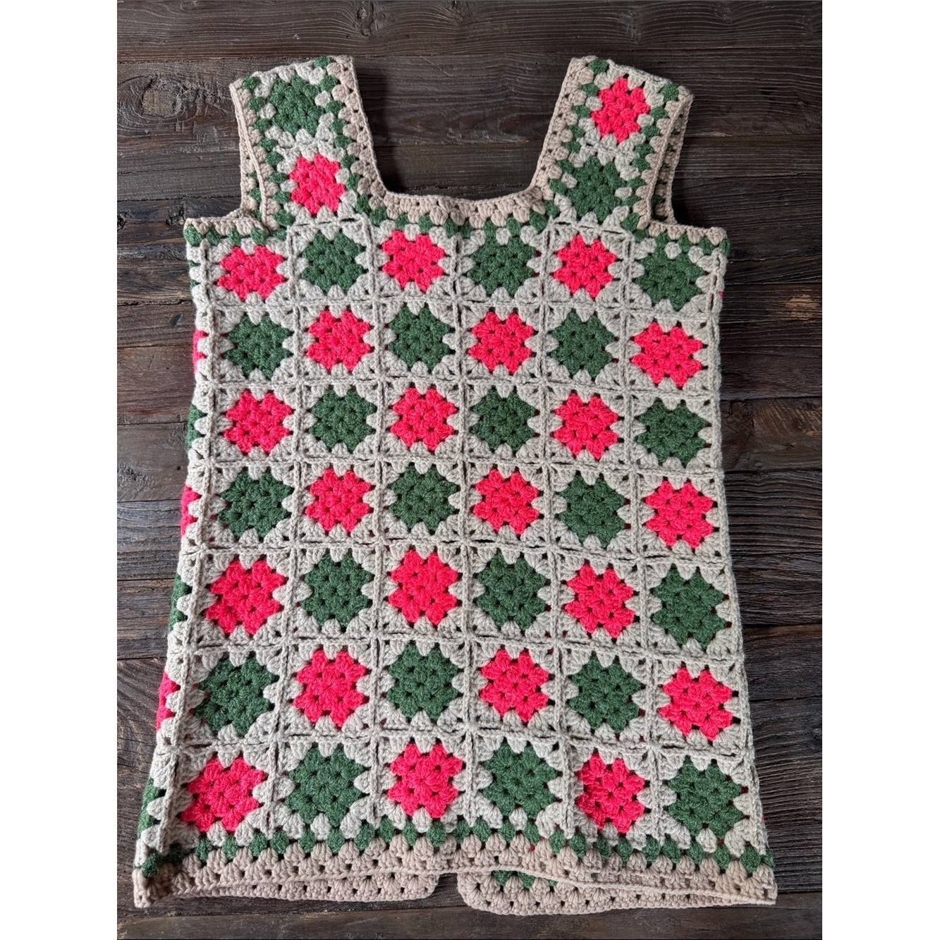 Vintage hand knit boho granny Square, long sweater vest, neon pink and green S/M