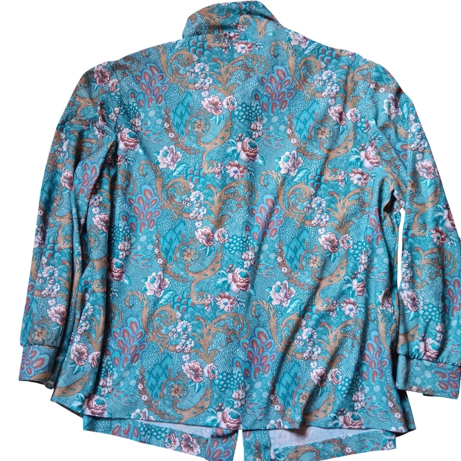 True Vintage Women’s Secretary Blouse XL 80s Graff Turquoise Paisley Tie-Neck