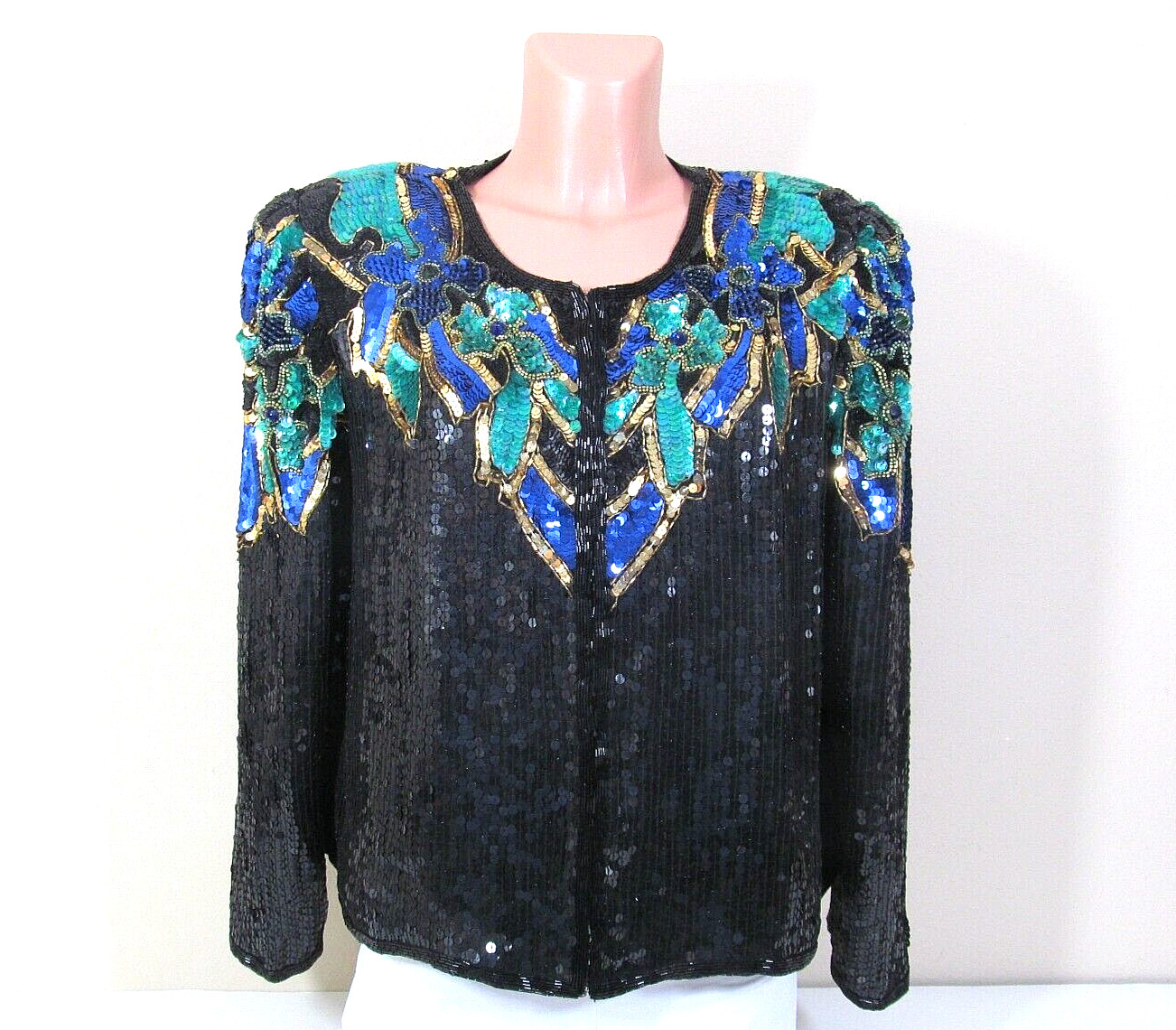 STENAY XL Black Silk Vibrant Multicolor Sequined Beaded L/S Mardi Gras Top