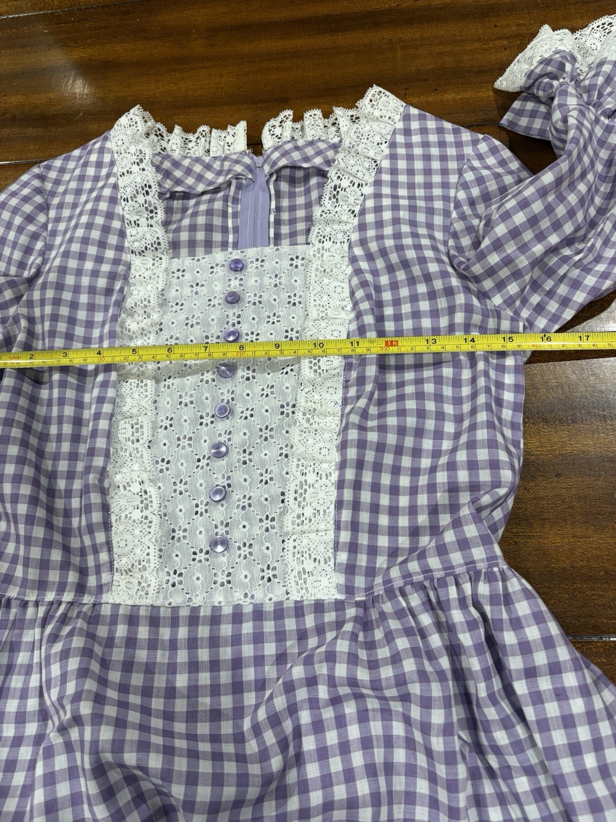 Prairie Style Lavender Gingham Long Dress Sz S Lace Floral Cottage Core Handmade