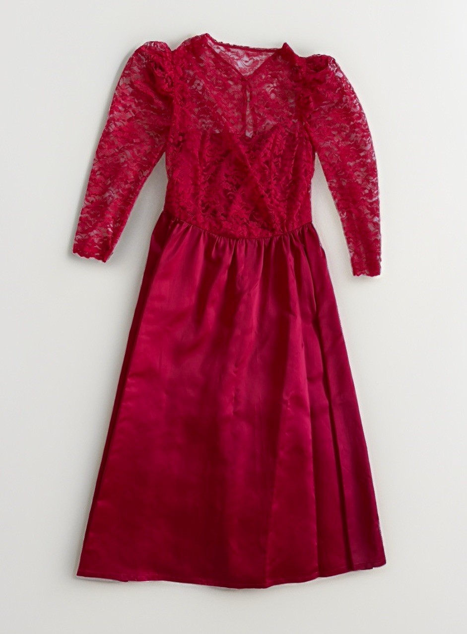 Vintage 80s Lace Satin Formal Dress Puff Sleeve Red Prom Homecoming Wedding READ
